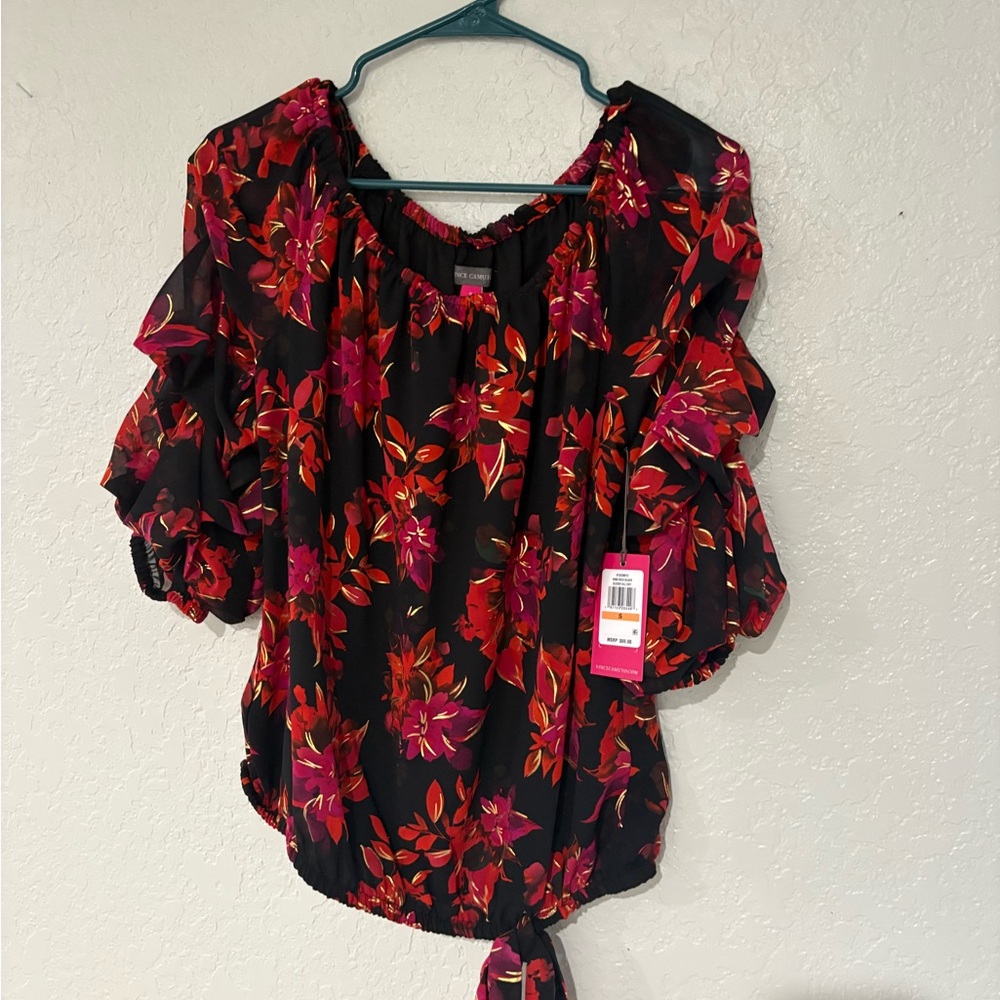 Vince Camuto Red and Black ‘sleigh all day’  Ruffled Tie Front Blouse